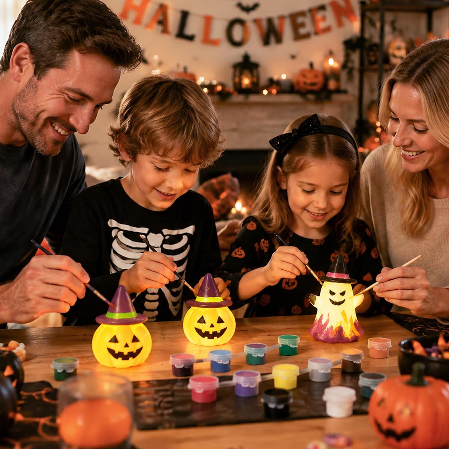 Una familia pinta figuras de Halloween alrededor de una mesa