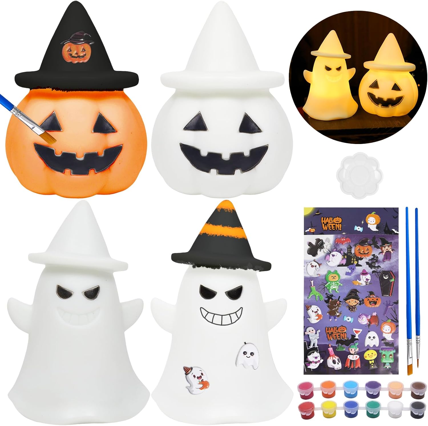 Figuras blancas de calabazas y fantasmas para pintar, con pinturas y pinceles