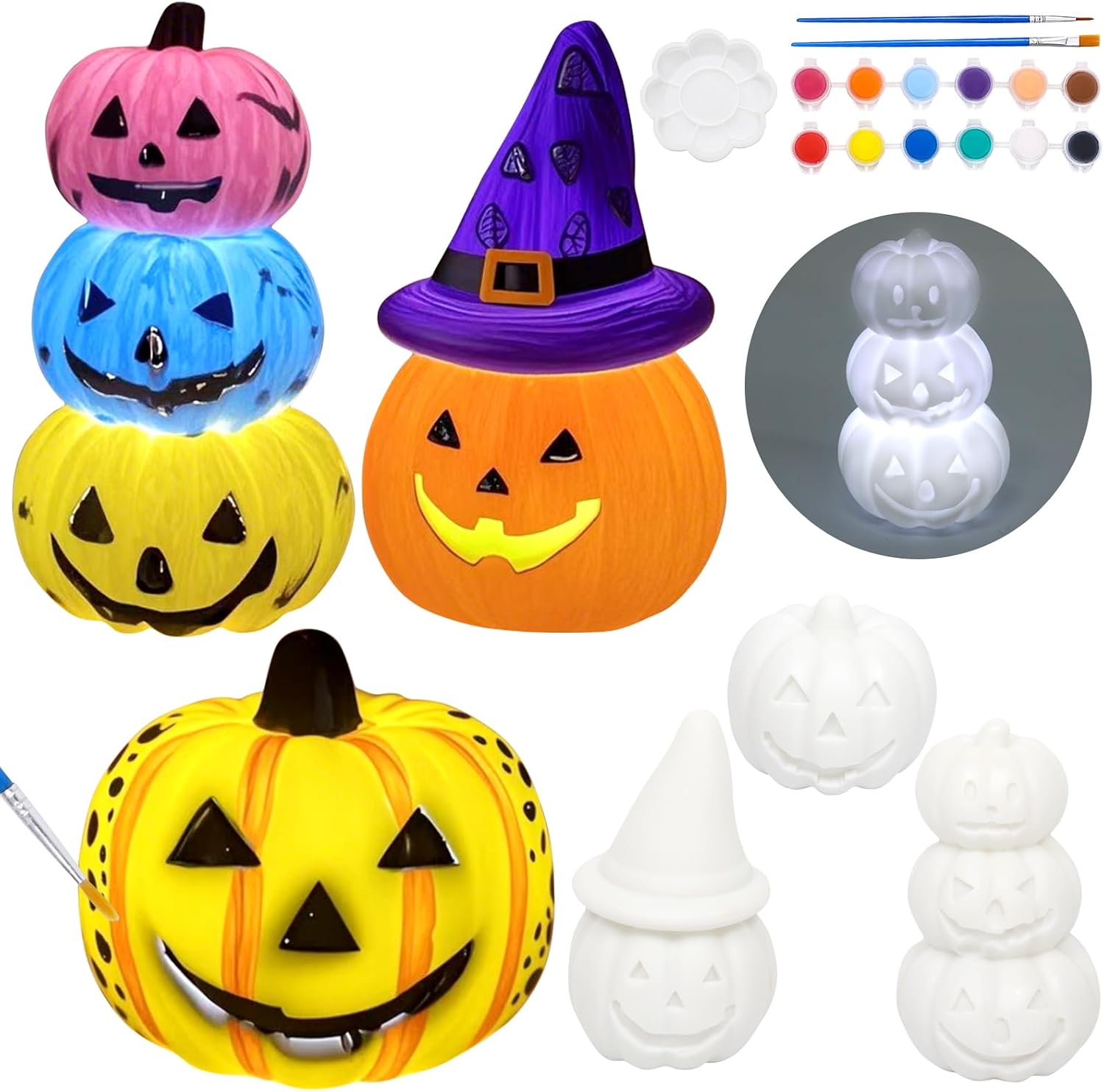 Figuras de calabazas de Halloween para pintar, con pinceles y pinturas